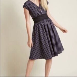 Folter Greta Dress 50s Polka Dot Fit & Flare Surplice Wrap Purple Black Pinup XL